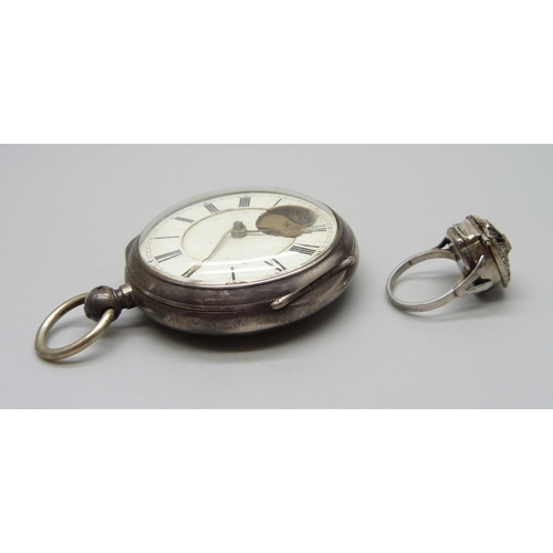 904 - A silver fusee pocket watch, a/f, and a silver and marcasite set ring watch, M