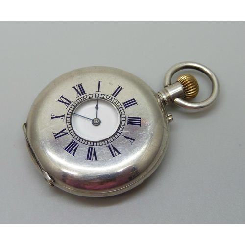 910 - A fine silver half hunter fob watch with enamel numerals