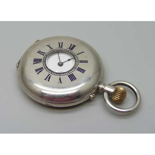 910 - A fine silver half hunter fob watch with enamel numerals