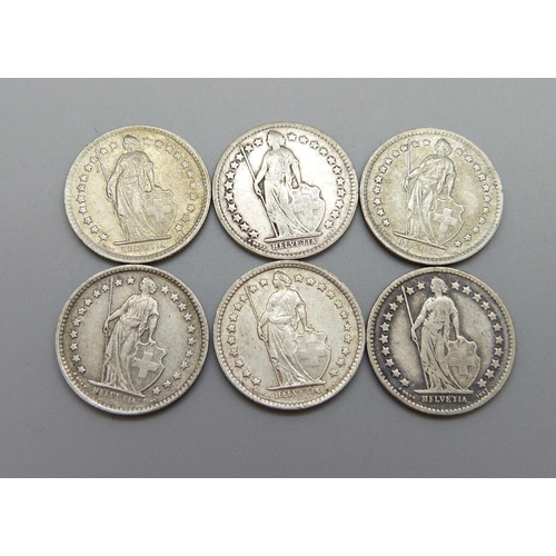 935 - Six Swiss 1/2 Franc coins