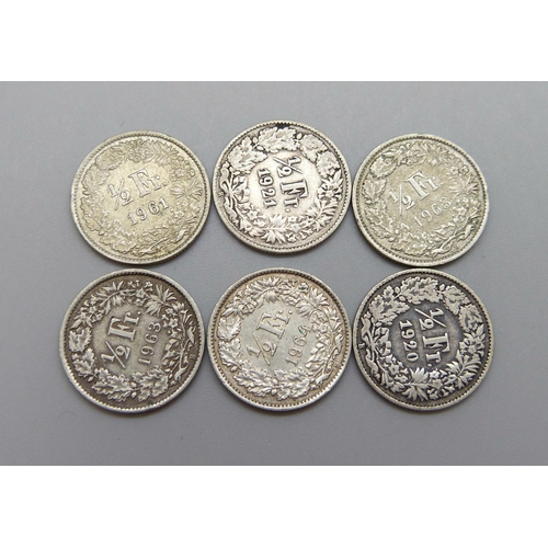 935 - Six Swiss 1/2 Franc coins