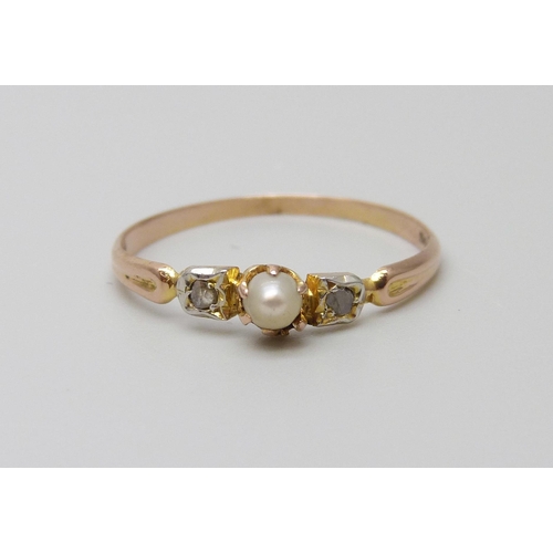 939 - A yellow metal, pearl and diamond ring, stamped 9ct, 1.4g, Q