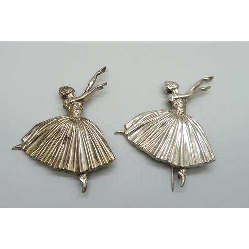 955 - Two hallmarked silver ballerina brooches by Frederick Massingham, marked DHP, Birmingham 1947, 6cm