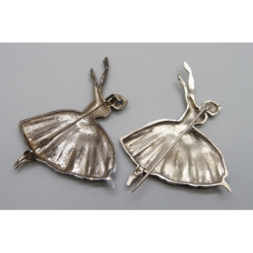 955 - Two hallmarked silver ballerina brooches by Frederick Massingham, marked DHP, Birmingham 1947, 6cm