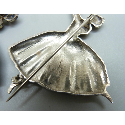 955 - Two hallmarked silver ballerina brooches by Frederick Massingham, marked DHP, Birmingham 1947, 6cm