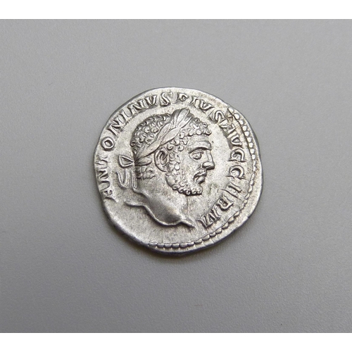 957 - Coins; Caracalla Denarius silver coin, (198-217AD) Rome, obverse - bust Antoninvs pivs avg germ, rev... 