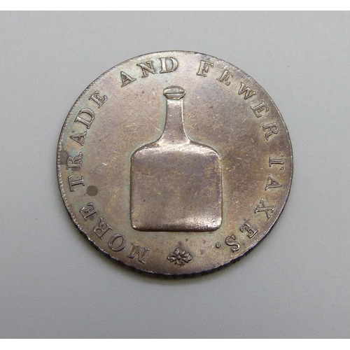 960 - Richard Dinmore's Norwich halfpenny token, obverse - old fashioned bottle with legend 'More trade fe... 