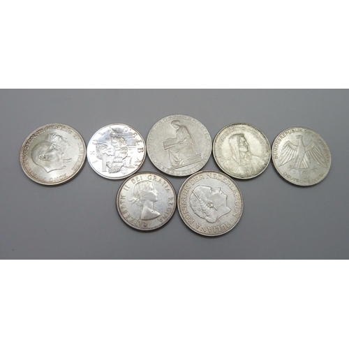 961 - Coins; collection of worldwide silver coins, 1 Margengo Isola D'Elba 10g, 92.5% + 1960 Denmark 5 Kro... 