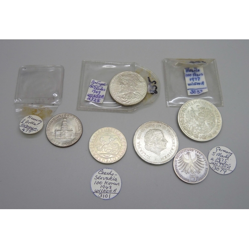 962 - Coins; collection of worldwide silver coins, 1948 Czech 100 korun, 14g, 50% + 1969 50 Escudos 18g, 6... 