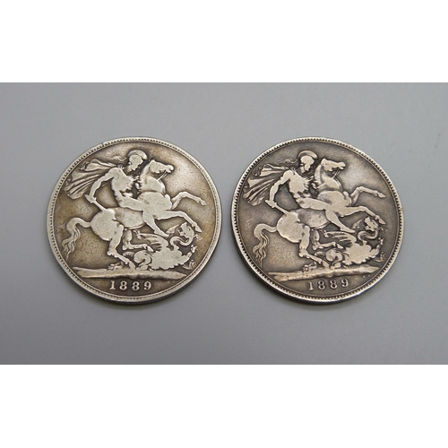 964 - Two 1889 silver Victoria Crowns