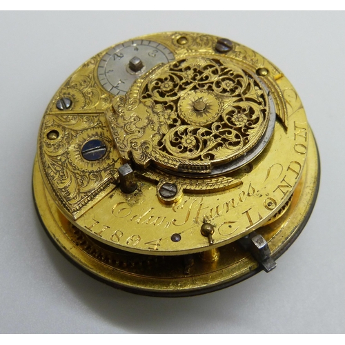 965 - A verge pocket watch movement by Edwin Staines, London