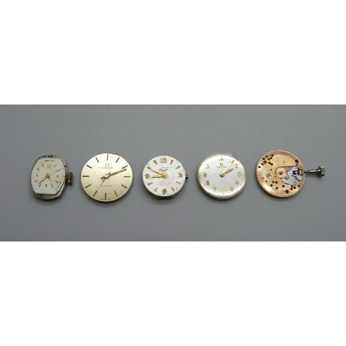 969 - Five wristwatch movements - 3 Omega (one with no dial), Longines and Gruen