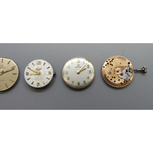 969 - Five wristwatch movements - 3 Omega (one with no dial), Longines and Gruen