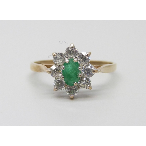 987 - A 9ct gold, emerald and zircon cluster ring, 2g, Q/R