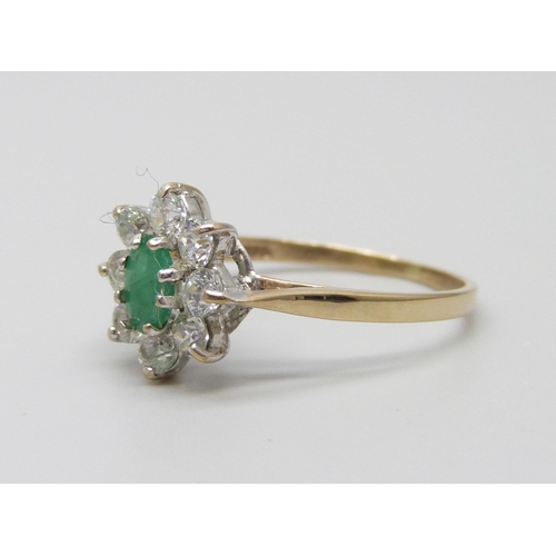 987 - A 9ct gold, emerald and zircon cluster ring, 2g, Q/R