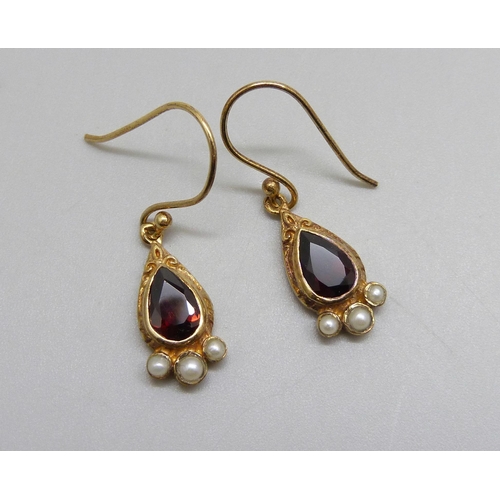 989 - A pair of silver gilt, garnet and pearl drop earrings, 3cm including hook