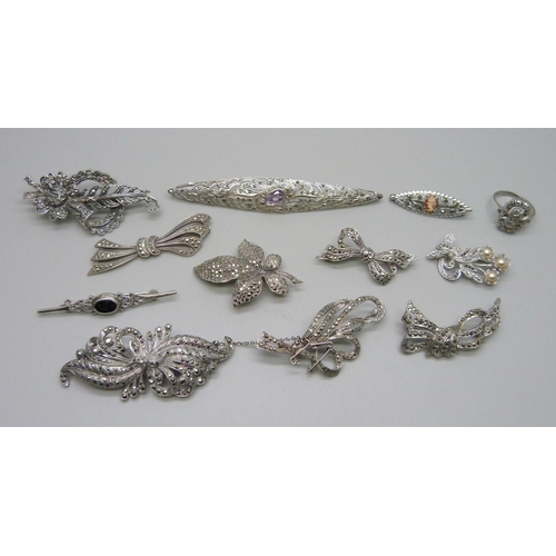 996 - Six pieces of silver and marcasite jewellery including a large amethyst set brooch, 10cm, 39g total,... 