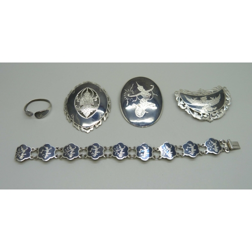 997 - Siam silver jewellery - three brooches, a bracelet and a ring, 44g