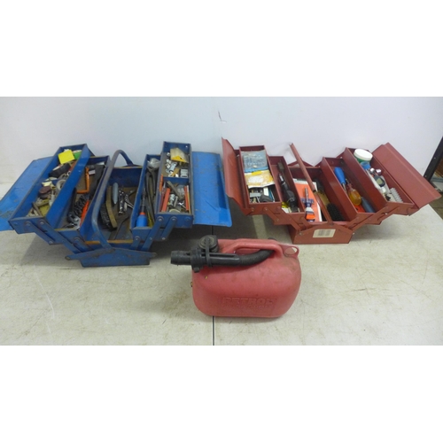 5011 - Two metal cantilever tool boxes containing sockets, allen keys, a screwdriver set, a brush, files, S... 