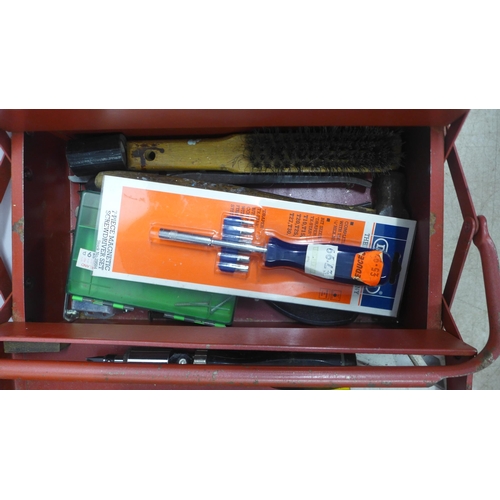 5011 - Two metal cantilever tool boxes containing sockets, allen keys, a screwdriver set, a brush, files, S... 