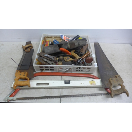 5014 - A quantity of assorted woodworking tools including a bow saw, a spirit level, a Stanley Bailey no. 3... 