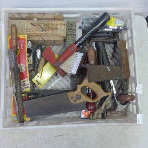 5014 - A quantity of assorted woodworking tools including a bow saw, a spirit level, a Stanley Bailey no. 3... 