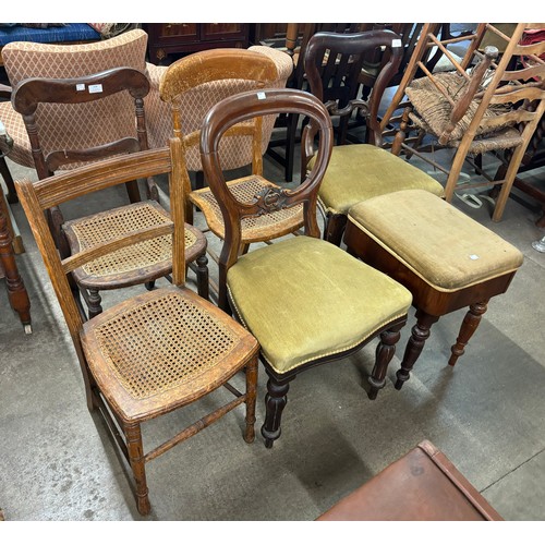 229 - Two Victorian mahogany dining chairs, a piano stool and three beech bergere chairs