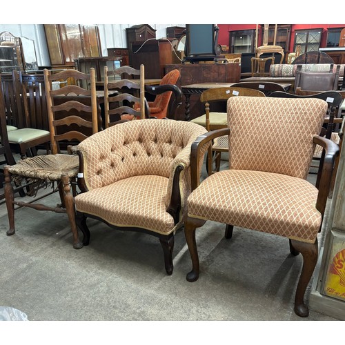 238 - Two mahogany and fabric upholstered chairs and two mahogany and rush seated ladderback dining chairs