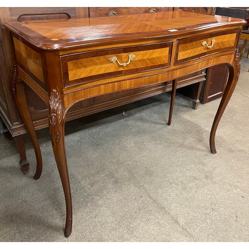 118 - A French Louis XV style inlaid mahogany two drawer serpentine console table