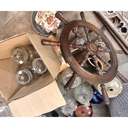 294 - Assorted items, comprising; glass jars, demi johns, a ships wheel, a ceiling light, etc.