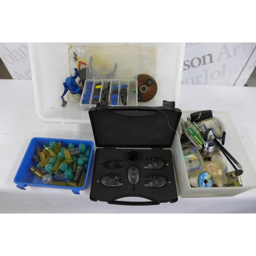 5264 - A quantity of fishing equipment including reels, alarms, weights, feeders, TDR match reel, line, etc... 