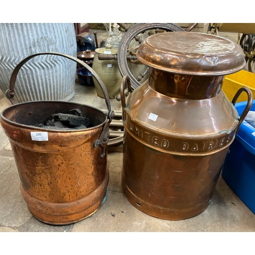 290 - An early 20th Century United Dairies copper milk churn and a copper coal scuttle