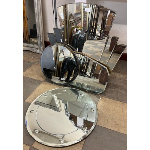 373 - An Art Deco style mirror, a bevelled edge mirror and two circular mirrors