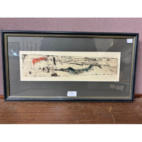 385 - An abstract print, indistinctly signed, framed