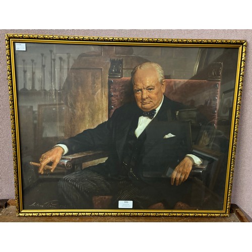 386 - A portrait print of Winston Churchill, framed