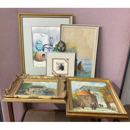 387 - Assorted oils and watercolours, including a J.A. wood oil on canvas and a G. Schrotter oil on board