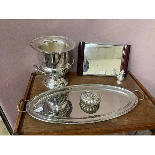 356 - A collection of plated items, including a fish tray, champagne bucket, butter dish, salt pot and mir... 