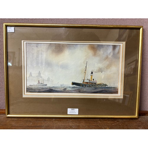 389 - English School, shipping scene, watercolour, indistinctly signed, framed