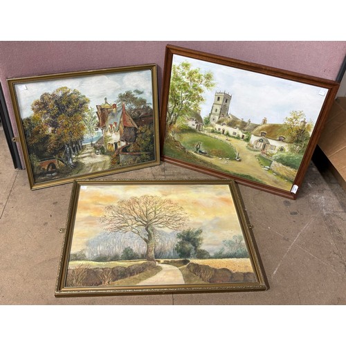 398 - J.M. Tomblin, three countryside landscapes ,oil on board, framed