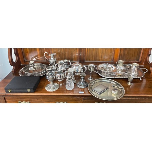 366D - A box of mixed silver plate including an EPBM three piece tea service and large two handled tray