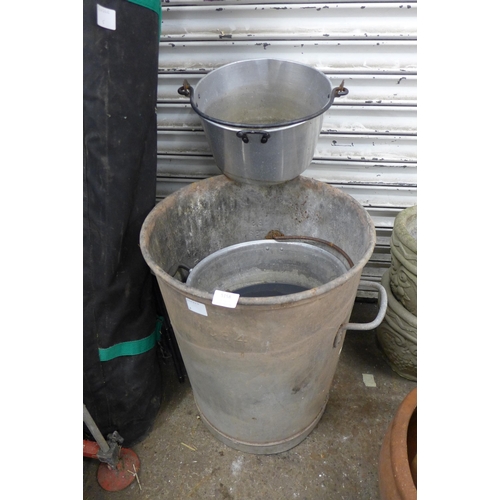 5158 - A galvanised metal dustbin and two large pans