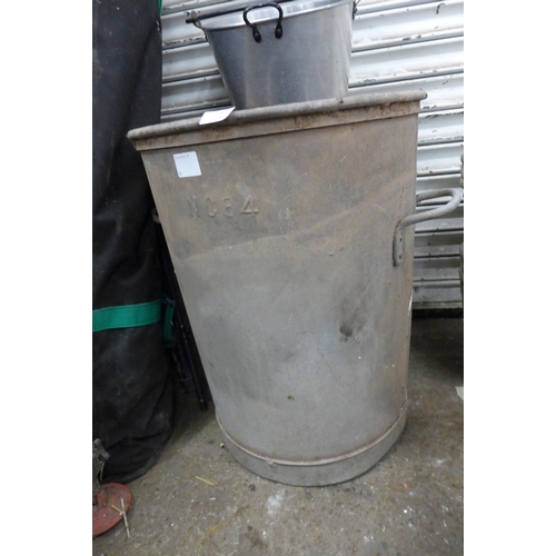 5158 - A galvanised metal dustbin and two large pans