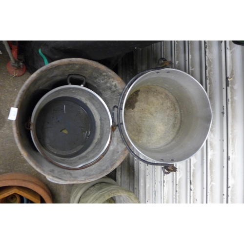 5158 - A galvanised metal dustbin and two large pans