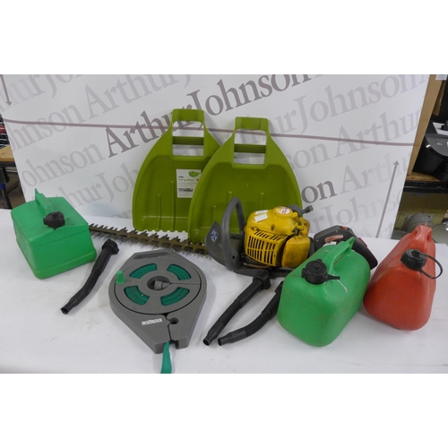 5168 - A DH-27 Dyna-Mac petrol hedge cutter with 3 petrol cans, a hose pipe and a pair of leaf scoops