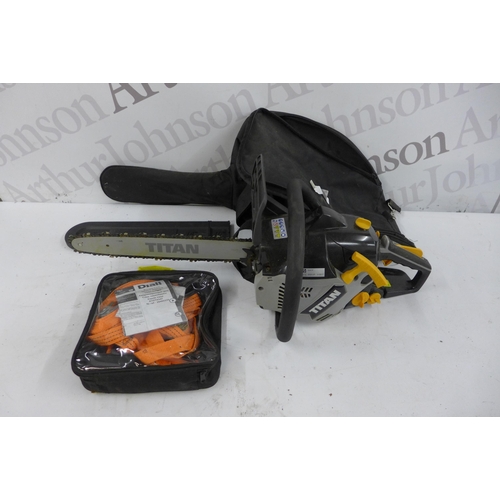 5172 - A Titan TTL759CHN petrol chainsaw with storage bag and a set of ratchet straps