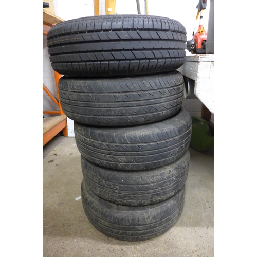 5176 - A set of 4 alloy wheels and tyres, a steel rim and tyre and an alloy spacesaver