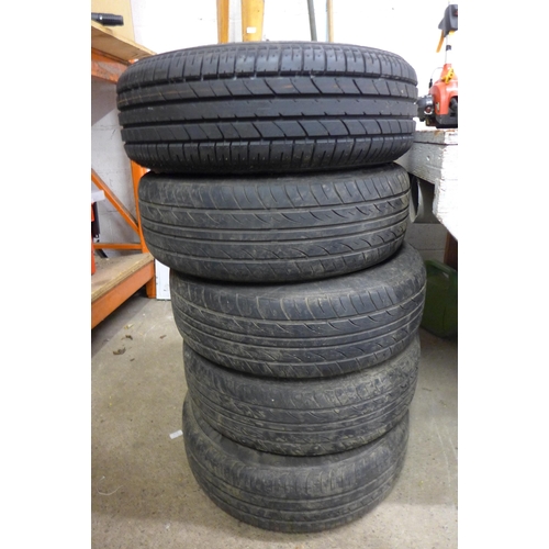 5176 - A set of 4 alloy wheels and tyres, a steel rim and tyre and an alloy spacesaver