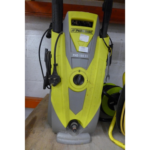 5183 - A Parkside PHD150 D3 pressure washer with a 20m extension cable and a 50m extension cable