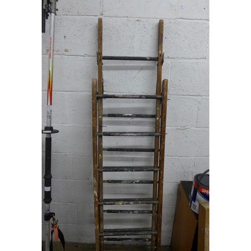 5189 - A set of wooden step ladders, a pasting table, a storage box of tools and a folding work bench