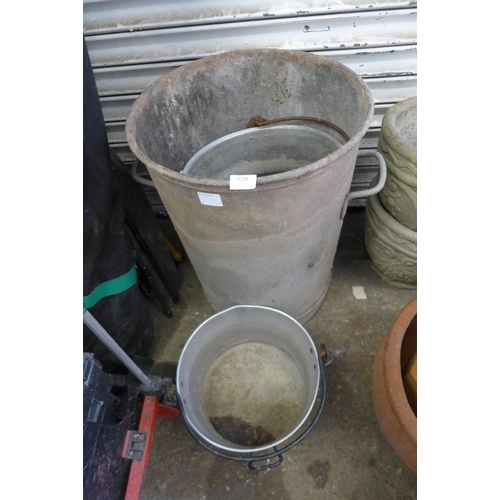 5158 - A galvanised metal dustbin and two large pans